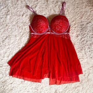 Red Lace Sexy HOT Valentines Madam Padded Underwire Floral Babydoll Lingerie